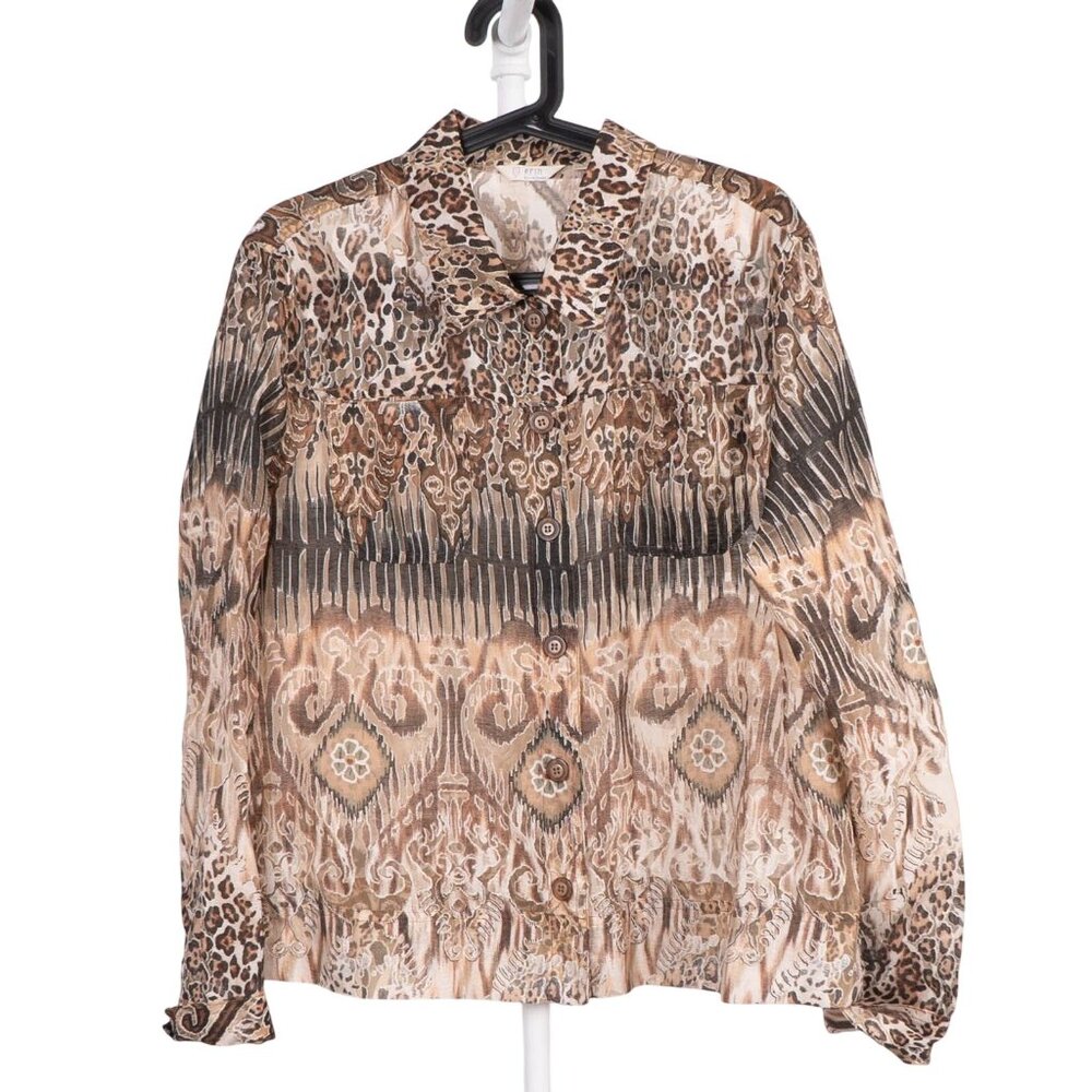 Erin London Button Up Shirt L Womens Leopard Print Safari Brown Sheer